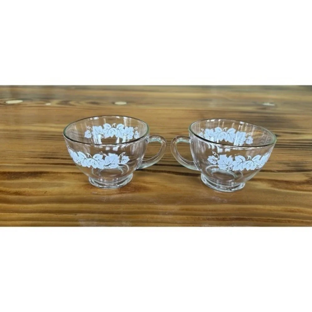 22-PC Vintage Anchor Hocking White Grapes Gold Trim Punchbowl Cups Hangers Ladle